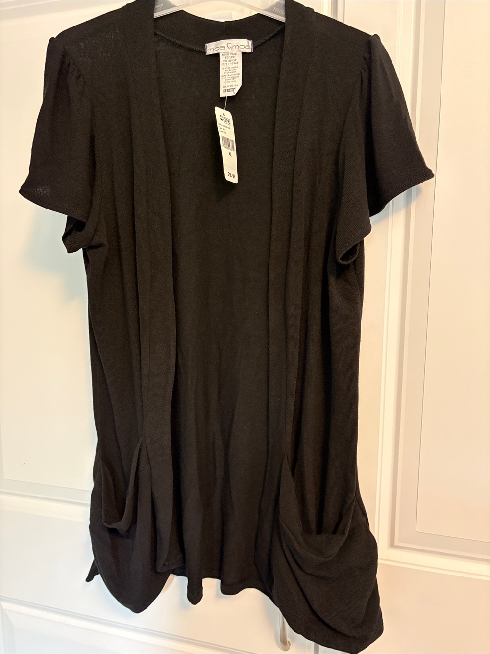 Emma & Sam Black Short-Sleeve Open Drape Cardigan